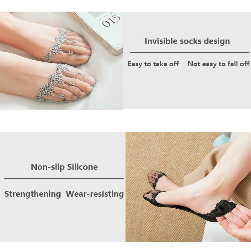 New Transparent Short Lace Socks Women Summer Hollow Out Female Soft Invisible Breathable Boat Socks Slippers 2023 3 Pairs