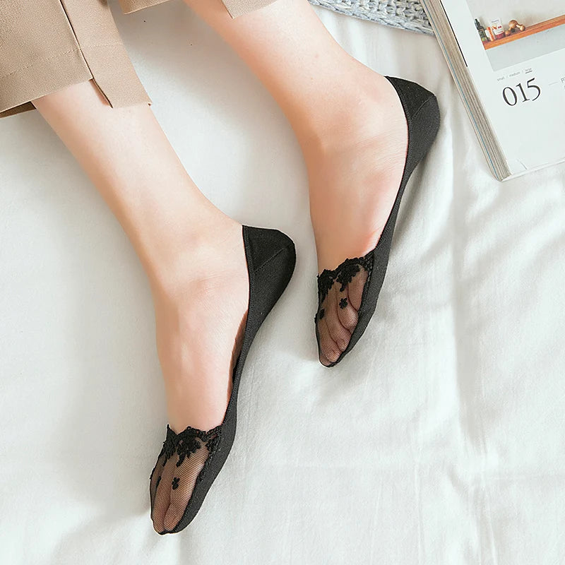 New Transparent Short Lace Socks Women Summer Hollow Out Female Soft Invisible Breathable Boat Socks Slippers 2023 3 Pairs