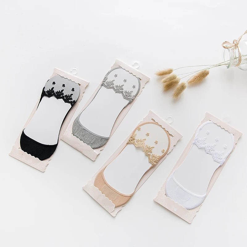 New Transparent Short Lace Socks Women Summer Hollow Out Female Soft Invisible Breathable Boat Socks Slippers 2023 3 Pairs