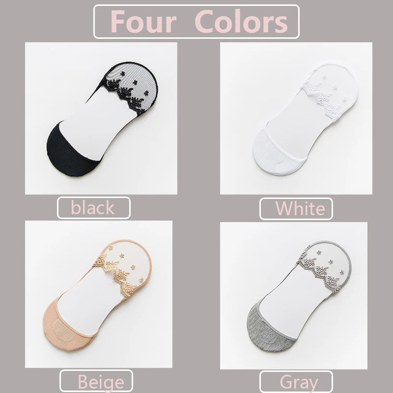 New Transparent Short Lace Socks Women Summer Hollow Out Female Soft Invisible Breathable Boat Socks Slippers 2023 3 Pairs