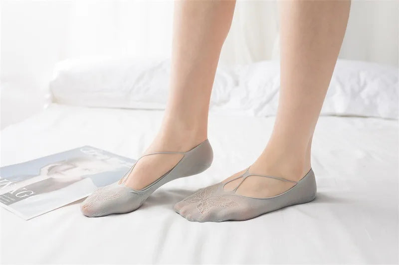 5 Pairs/Lot Socks for Women Butterfly Sexy Summer Thin Silicone Non-slip Boat Silk Socks Female Soft Breathable Invisible Sox