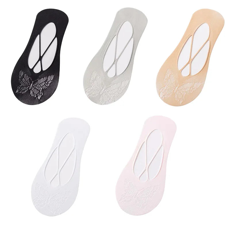 5 Pairs/Lot Socks for Women Butterfly Sexy Summer Thin Silicone Non-slip Boat Silk Socks Female Soft Breathable Invisible Sox