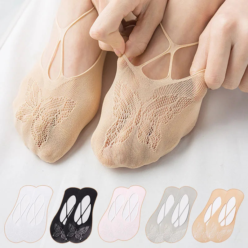 5 Pairs/Lot Socks for Women Butterfly Sexy Summer Thin Silicone Non-slip Boat Silk Socks Female Soft Breathable Invisible Sox