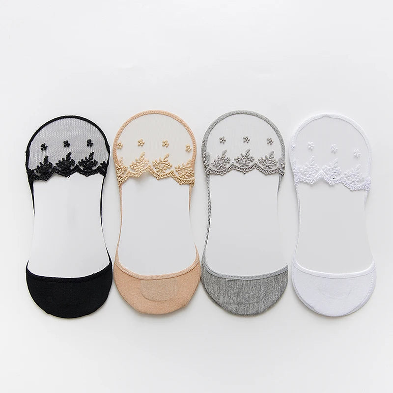 New Transparent Short Lace Socks Women Summer Hollow Out Female Soft Invisible Breathable Boat Socks Slippers 2023 3 Pairs