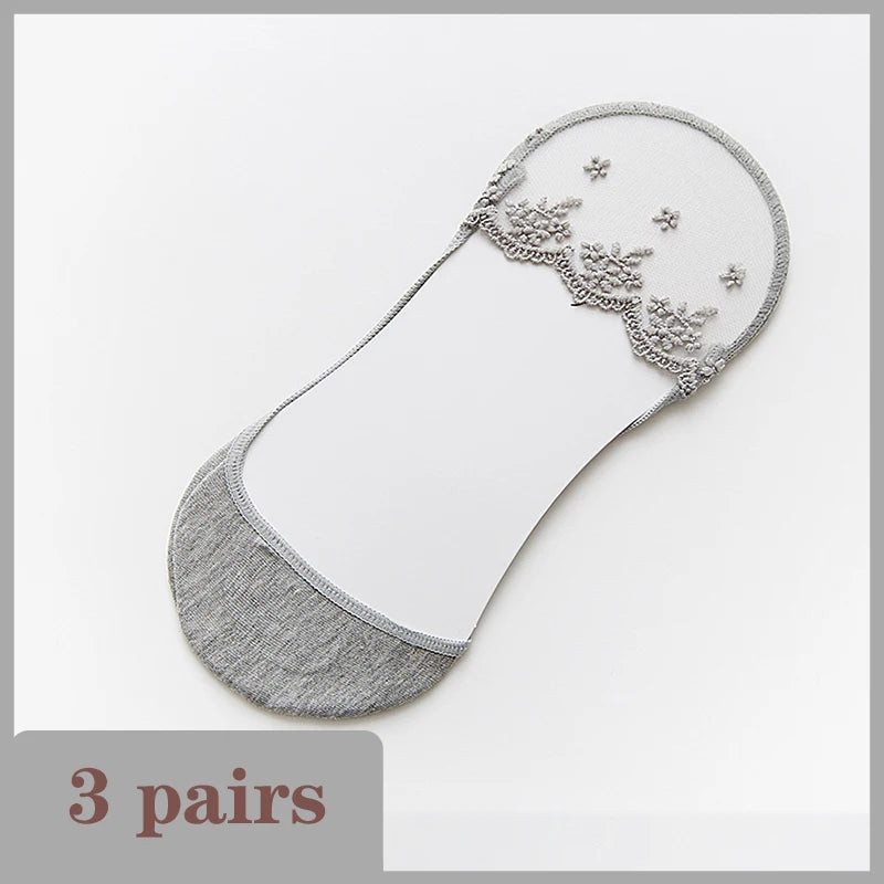 New Transparent Short Lace Socks Women Summer Hollow Out Female Soft Invisible Breathable Boat Socks Slippers 2023 3 Pairs