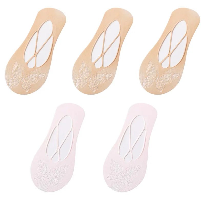 5 Pairs/Lot Socks for Women Butterfly Sexy Summer Thin Silicone Non-slip Boat Silk Socks Female Soft Breathable Invisible Sox