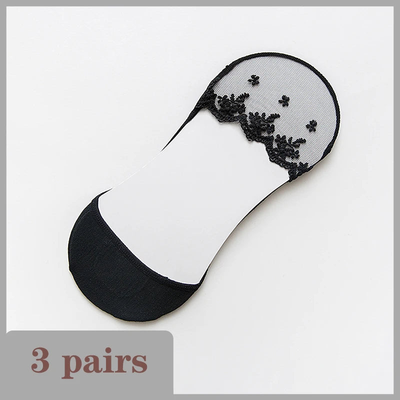 New Transparent Short Lace Socks Women Summer Hollow Out Female Soft Invisible Breathable Boat Socks Slippers 2023 3 Pairs