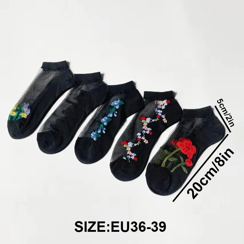 5 Pairs Womens Floral Embroidered Socks - Comfortable & Fashionable, Lightweight Mesh, Quick-Drying, Stylish Designs - Ideal for