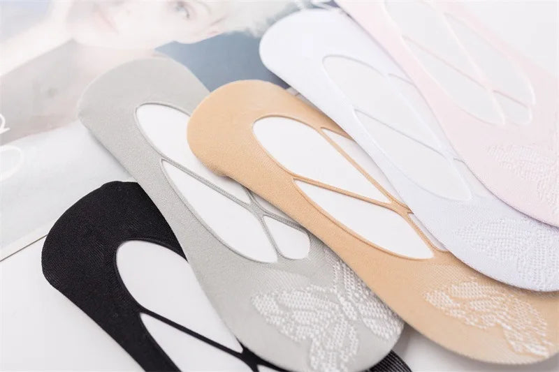 5 Pairs/Lot Socks for Women Butterfly Sexy Summer Thin Silicone Non-slip Boat Silk Socks Female Soft Breathable Invisible Sox