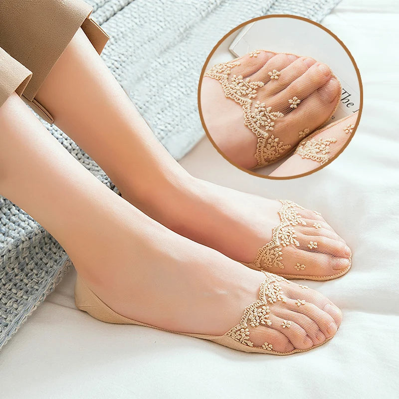 New Transparent Short Lace Socks Women Summer Hollow Out Female Soft Invisible Breathable Boat Socks Slippers 2023 3 Pairs