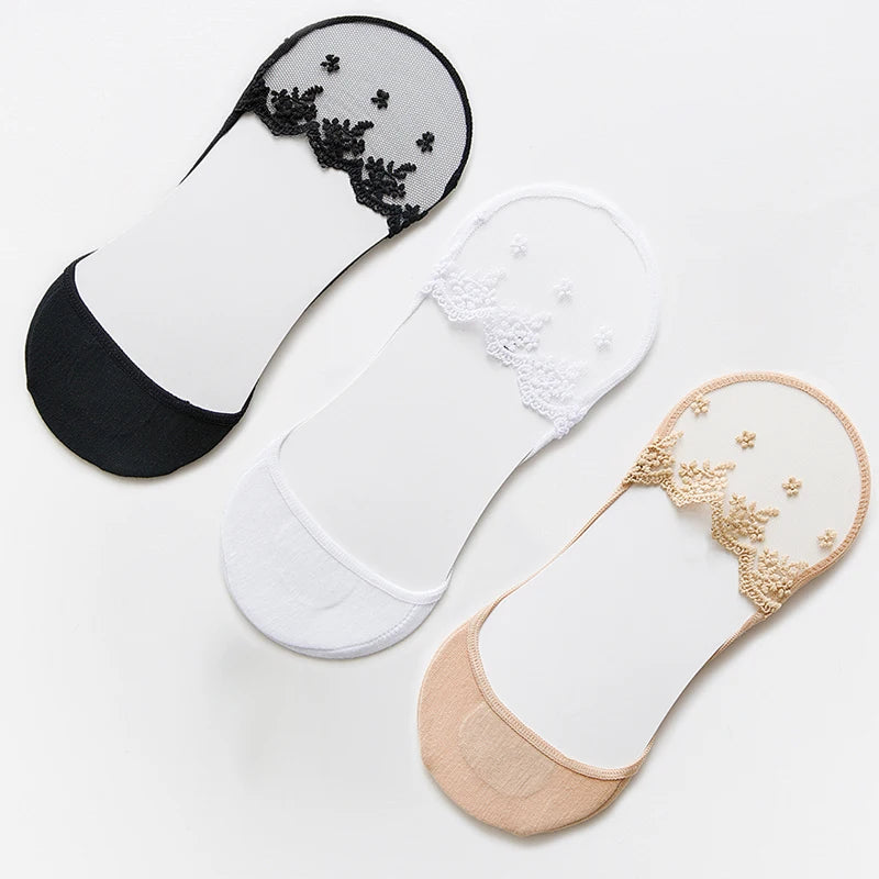 New Transparent Short Lace Socks Women Summer Hollow Out Female Soft Invisible Breathable Boat Socks Slippers 2023 3 Pairs
