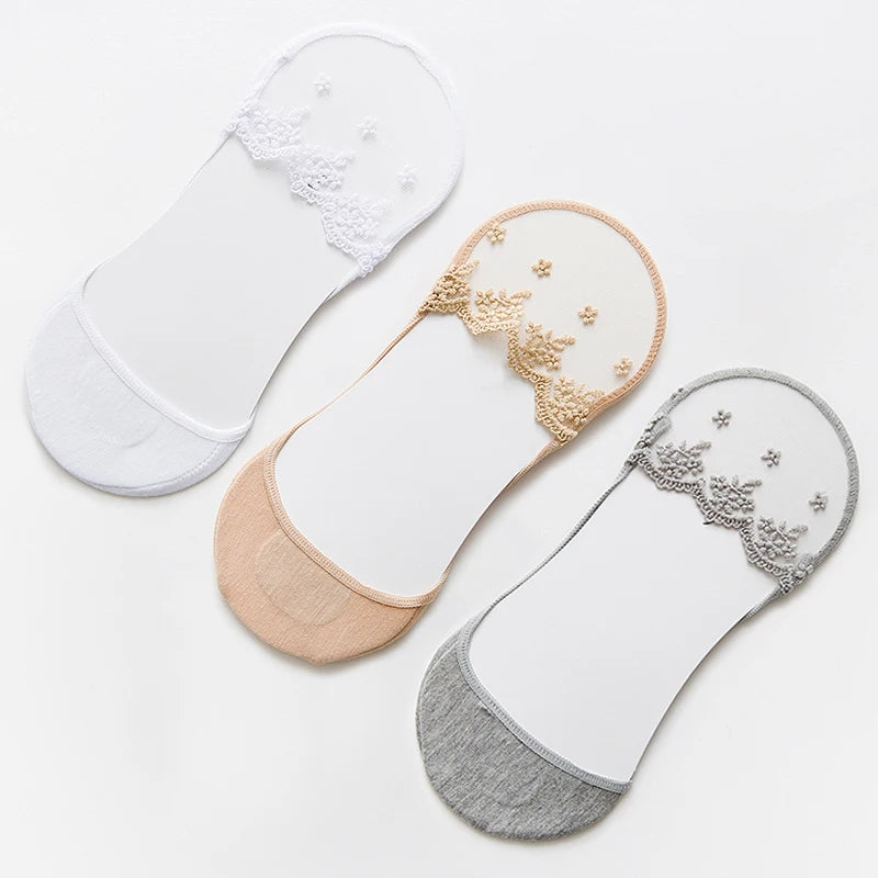 New Transparent Short Lace Socks Women Summer Hollow Out Female Soft Invisible Breathable Boat Socks Slippers 2023 3 Pairs