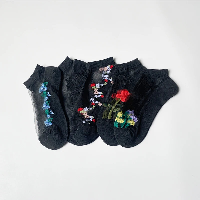 5 Pairs Womens Floral Embroidered Socks - Comfortable & Fashionable, Lightweight Mesh, Quick-Drying, Stylish Designs - Ideal for