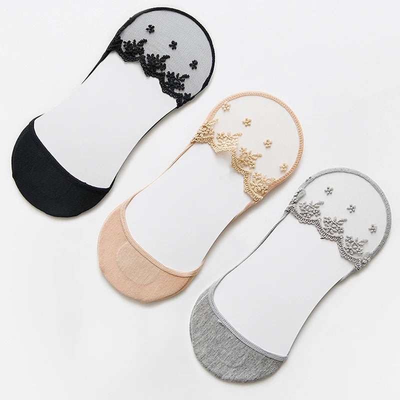 New Transparent Short Lace Socks Women Summer Hollow Out Female Soft Invisible Breathable Boat Socks Slippers 2023 3 Pairs