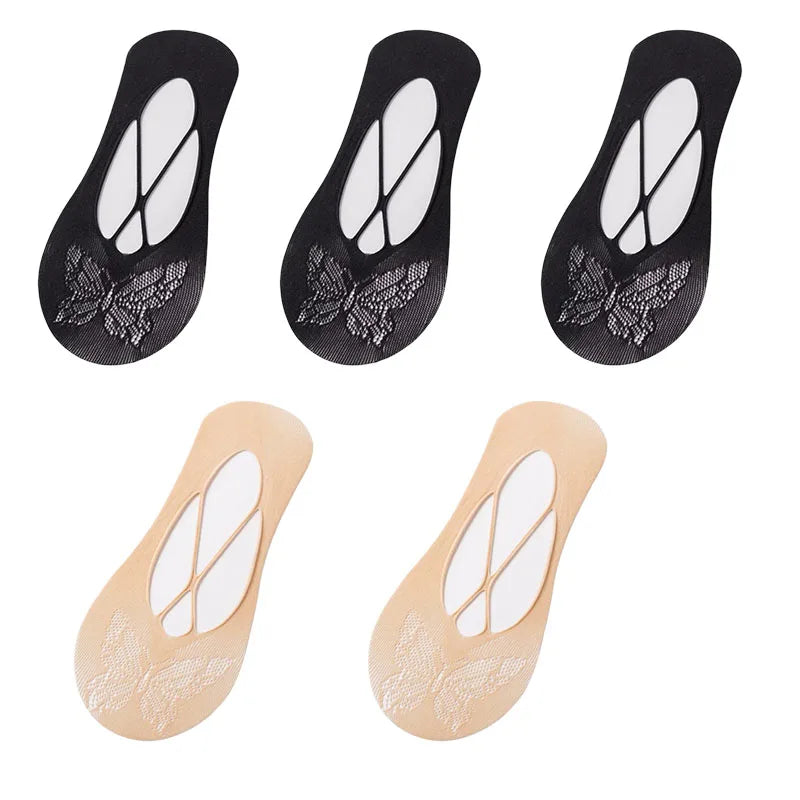 5 Pairs/Lot Socks for Women Butterfly Sexy Summer Thin Silicone Non-slip Boat Silk Socks Female Soft Breathable Invisible Sox