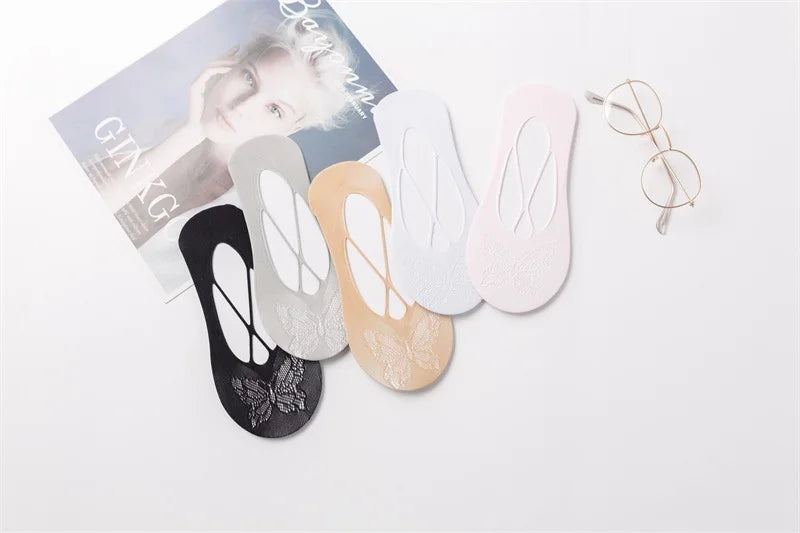 5 Pairs/Lot Socks for Women Butterfly Sexy Summer Thin Silicone Non-slip Boat Silk Socks Female Soft Breathable Invisible Sox