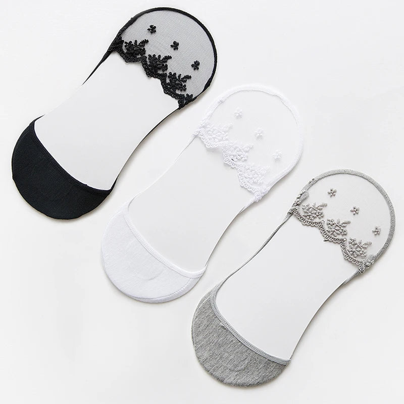 New Transparent Short Lace Socks Women Summer Hollow Out Female Soft Invisible Breathable Boat Socks Slippers 2023 3 Pairs