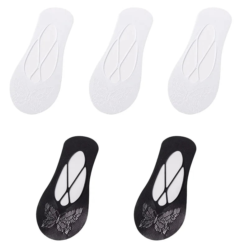 5 Pairs/Lot Socks for Women Butterfly Sexy Summer Thin Silicone Non-slip Boat Silk Socks Female Soft Breathable Invisible Sox