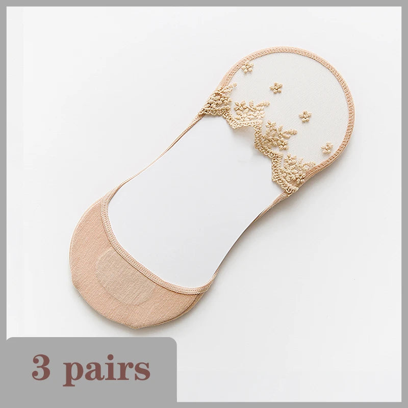 New Transparent Short Lace Socks Women Summer Hollow Out Female Soft Invisible Breathable Boat Socks Slippers 2023 3 Pairs
